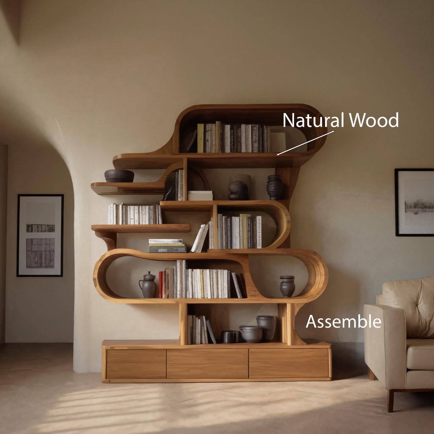 Modern Sculptural Bookshelf With Curved Design For Living Room Or Office Kitchnce