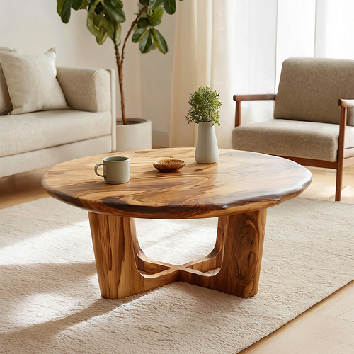 Round Live Edge Coffee Table with Open Cross Base Design