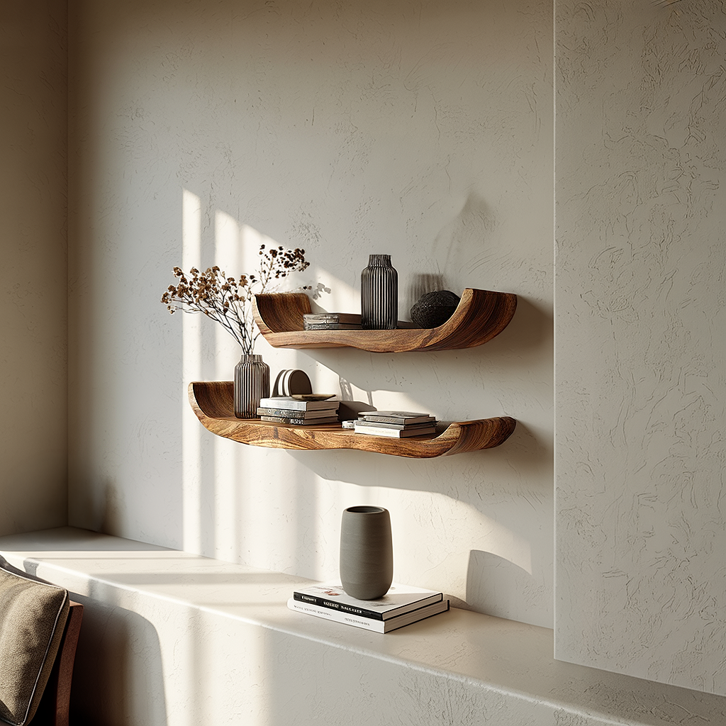 Natural Wood Floating Shelf with Soft Curved Edge Design