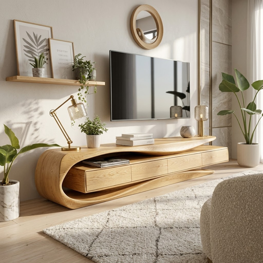 Solid Wood TV Stand with Curved Frame, Modern Low Profile Media Console