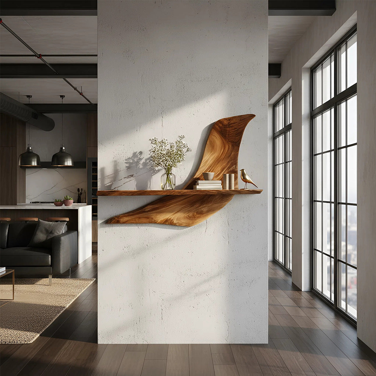 Asymmetrical Wall-Mounted Shelf in Natural Wood with Sculptural Form