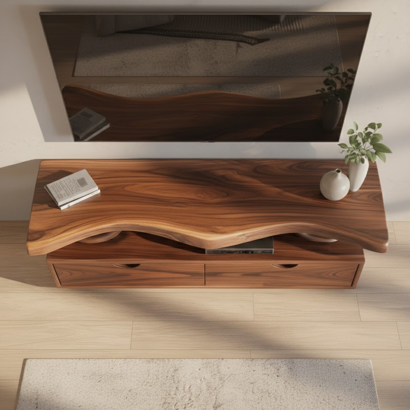 Handcrafted Solid Wood TV Stand with Sculpted Live-Edge Floating Shelf Kitchnce