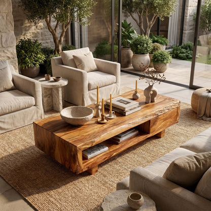 Live Edge Storage Coffee Table With Dual Drawer Design