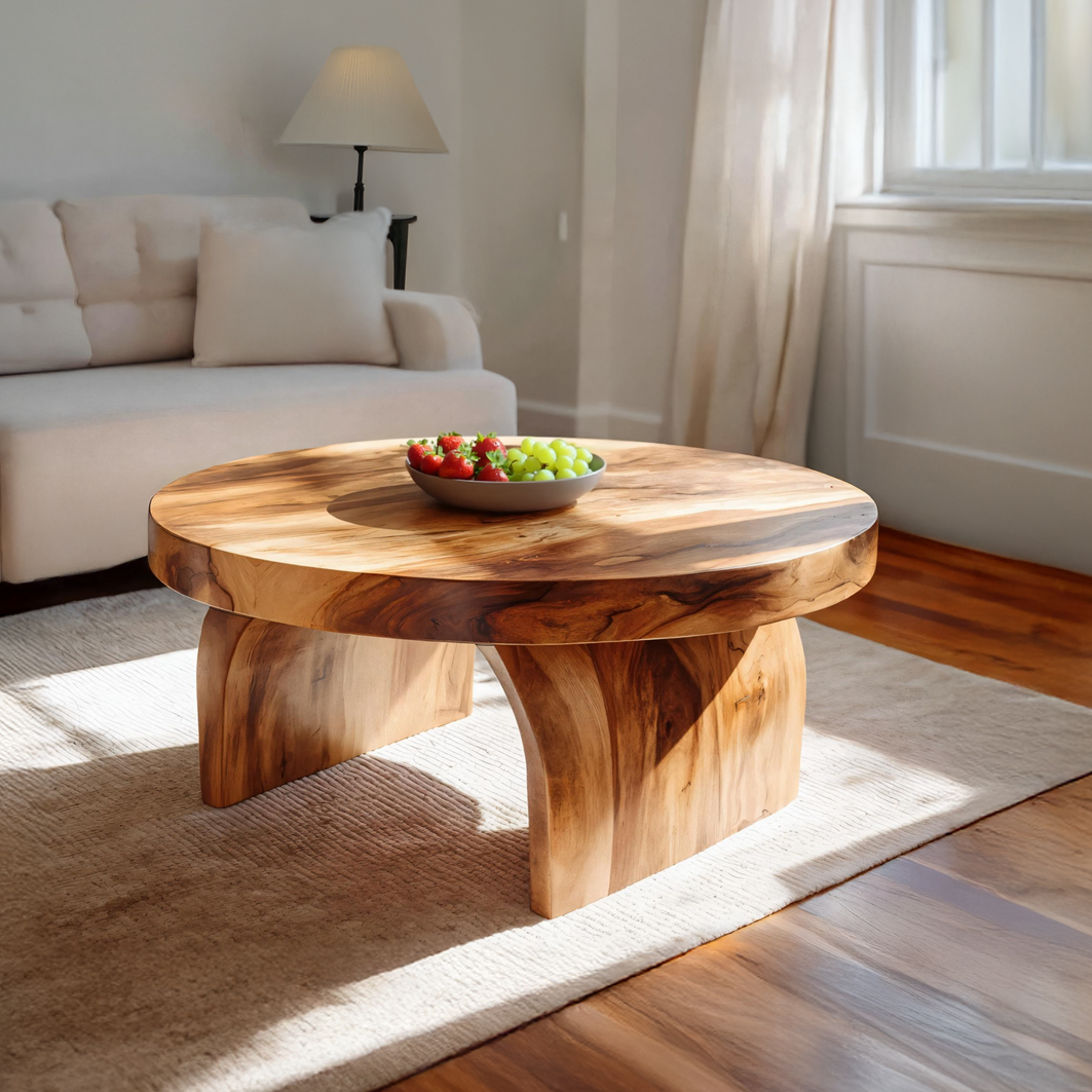 Round Solid Wood Coffee Table with Sculptural Block Base