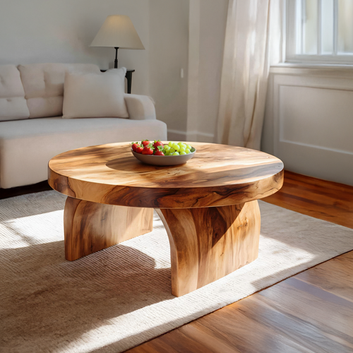 Round Solid Wood Coffee Table with Sculptural Block Base