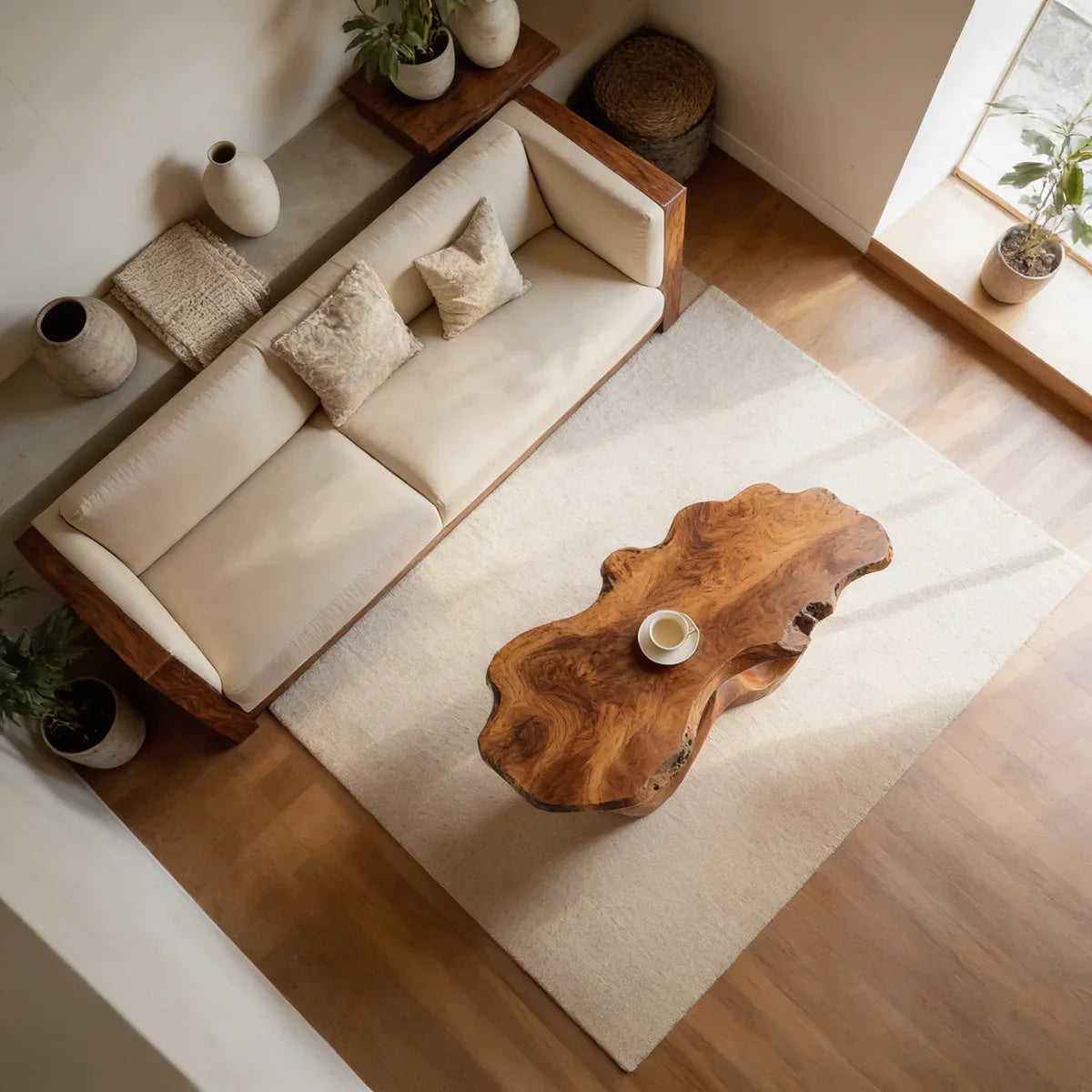 Live Edge Natural Wood Coffee Table with Sculpted Open-Form Base