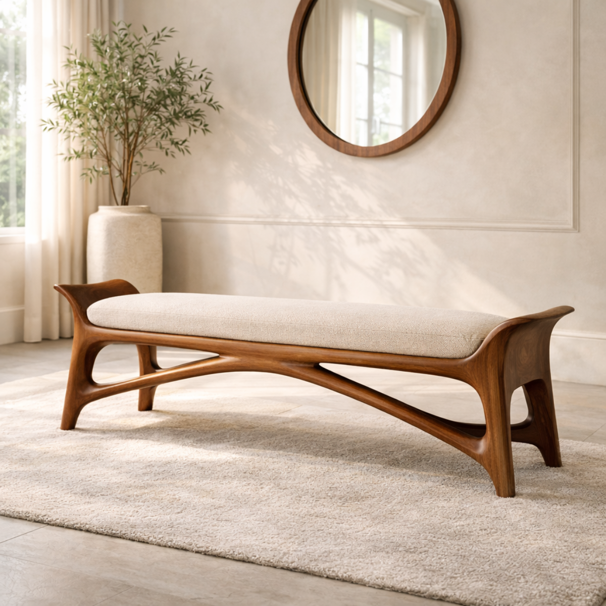 Modern Upholstered Entryway Bench, Luxury Sculptural Hallway Seat with Curved Frame