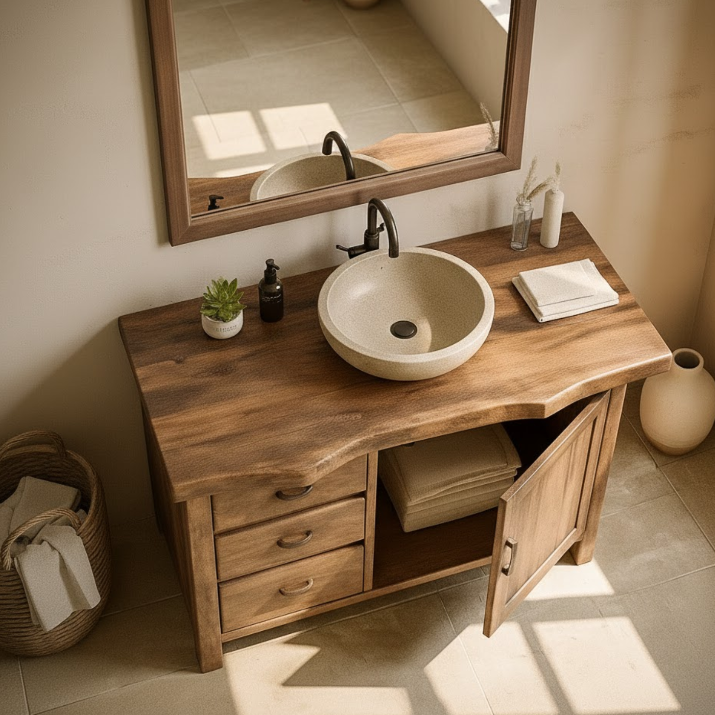 Handcrafted Solid Wood Bathroom Vanity with Live-Edge Top and Storage Drawers Kitchnce