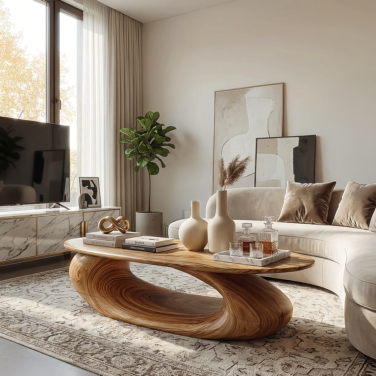 Flowing Sculptural Coffee Table with Continuous Curve Base