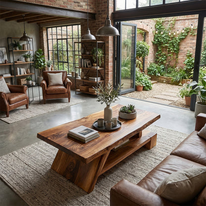 Angled Solid Wood Coffee Table With Open Shelf