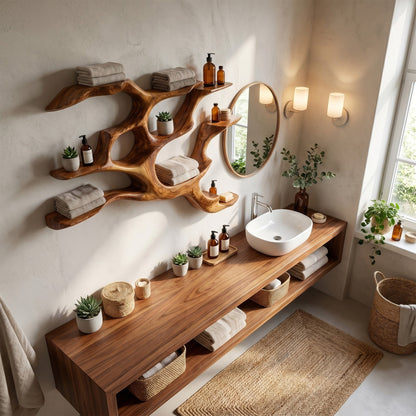 Branch Form Wood Bar Wall Shelf With Open Display