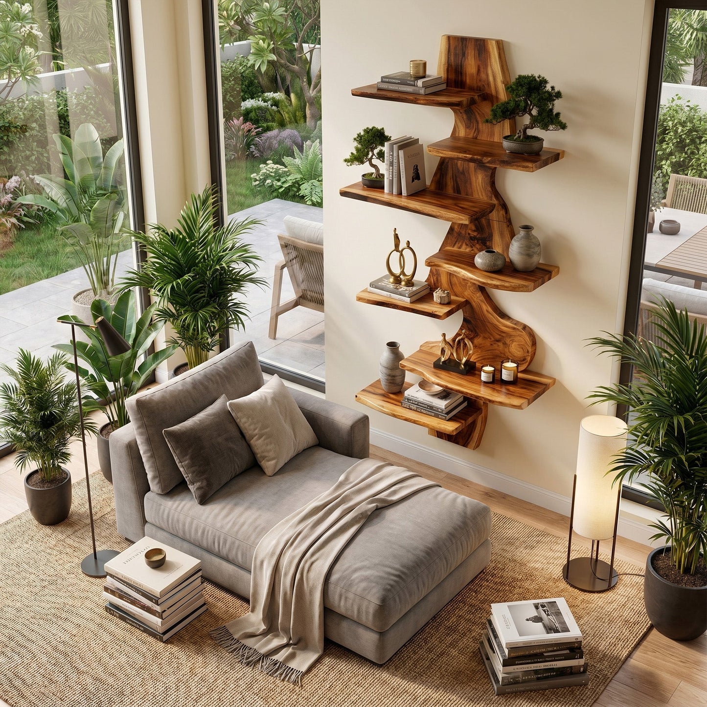 Vertical Wood Corner Wall Shelf With Sculptural Display