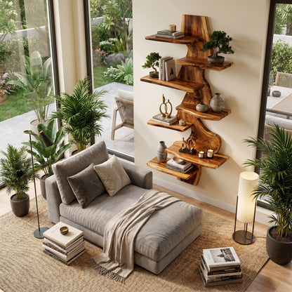 Vertical Wood Corner Wall Shelf With Sculptural Display