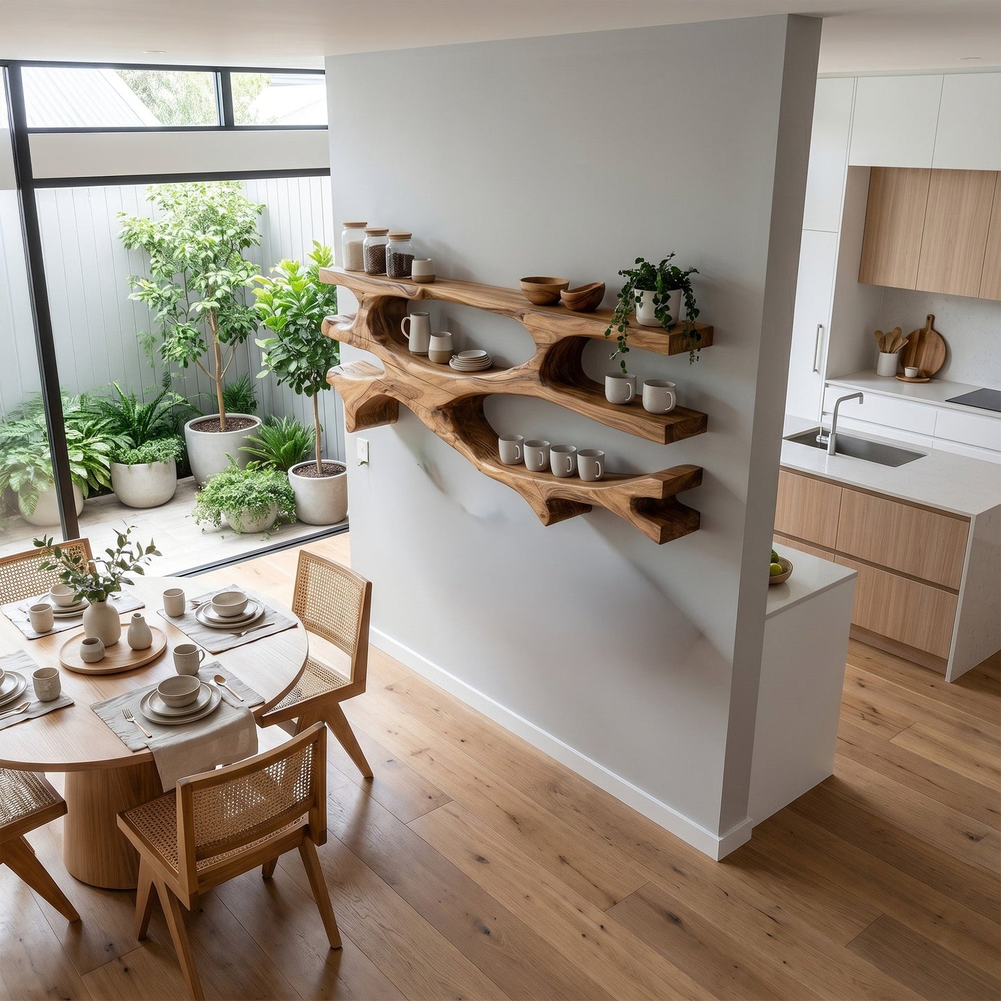 Organic Wood Dining Wall Shelf With Open Display