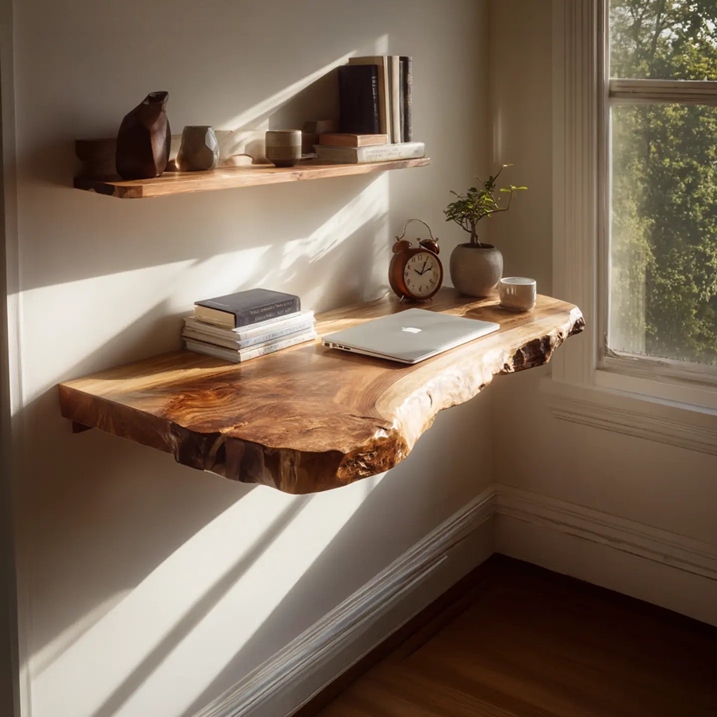 Live Edge Solid Wood Floating Desk Shelf for Small Spaces Kitchnce