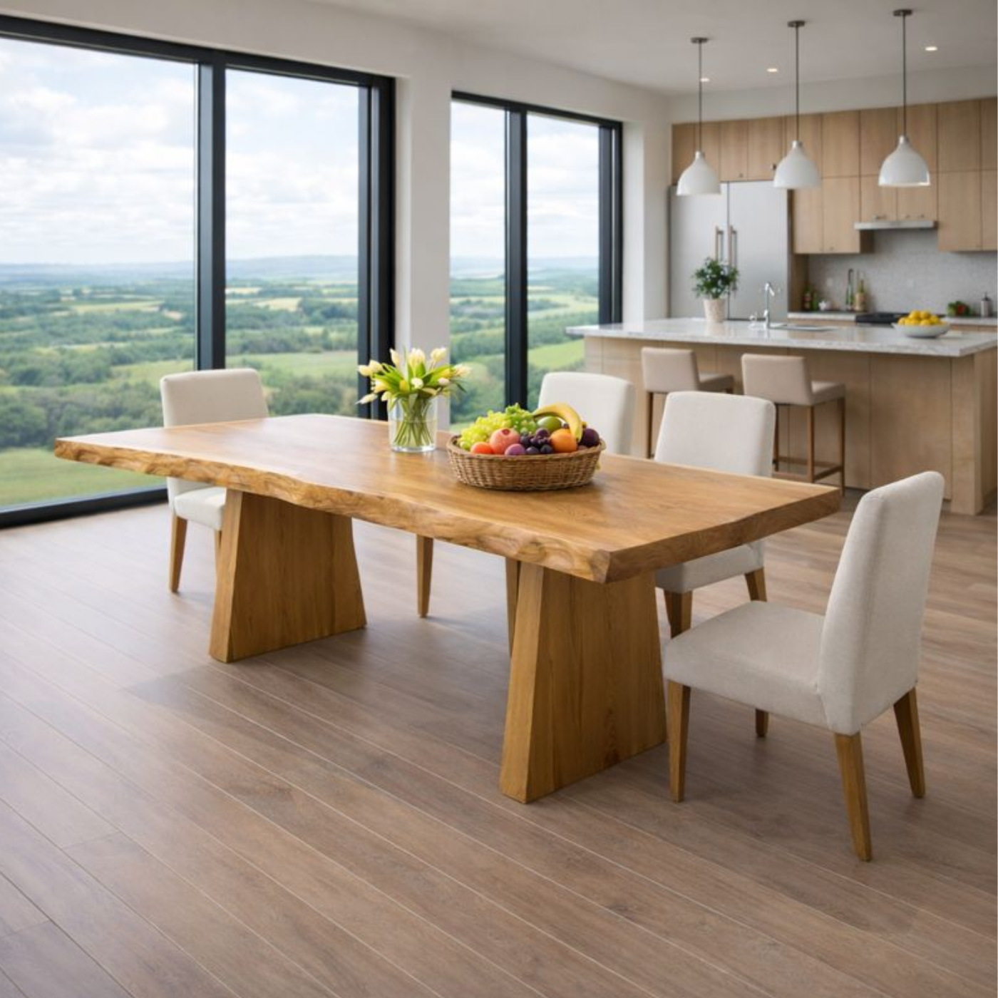 Contemporary Live Edge Solid Wood Dining Table with Architectural Base