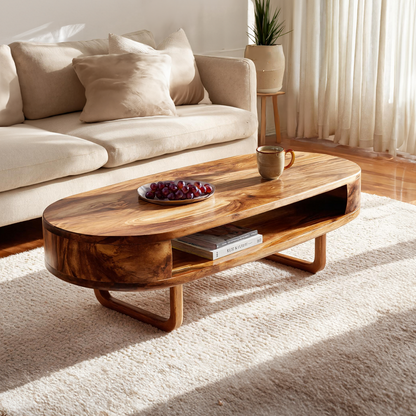 Solid Wood Oval Coffee Table with Shelf  Modern Natural Wood Living Room Table