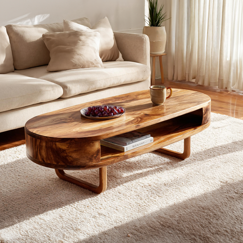 Solid Wood Oval Coffee Table with Shelf  Modern Natural Wood Living Room Table