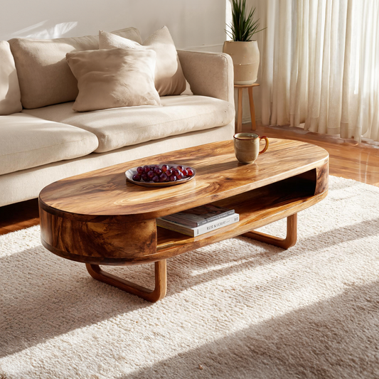 Solid Wood Oval Coffee Table with Shelf  Modern Natural Wood Living Room Table