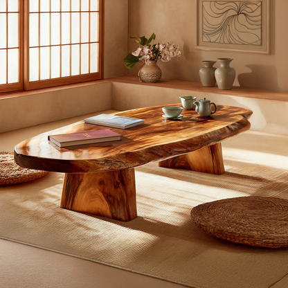 Luxury Solid Wood Coffee Table  Large Oval Natural Wood Living Room Table