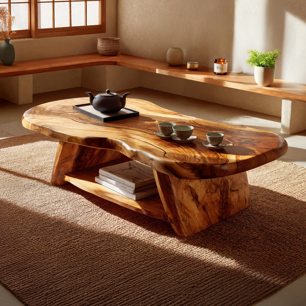 Live Edge Solid Wood Coffee Table Organic Shape Natural Wood Tea Table with Shelf
