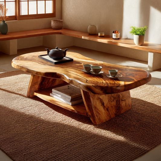 Live Edge Solid Wood Coffee Table Organic Shape Natural Wood Tea Table with Shelf