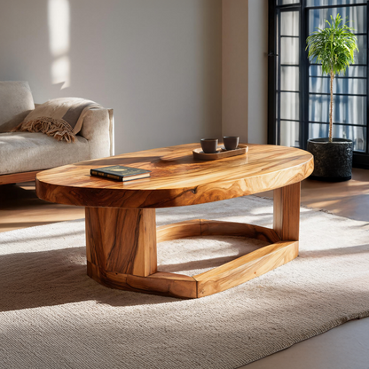 Solid Wood Oval Coffee Table handcrafted Natural Wood Living Room Table with Sculptural Base
