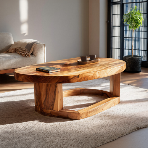 Solid Wood Oval Coffee Table handcrafted Natural Wood Living Room Table with Sculptural Base