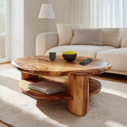 Round Solid Wood Coffee Table with Shelf Handcrafted Natural Wood Living Room Table