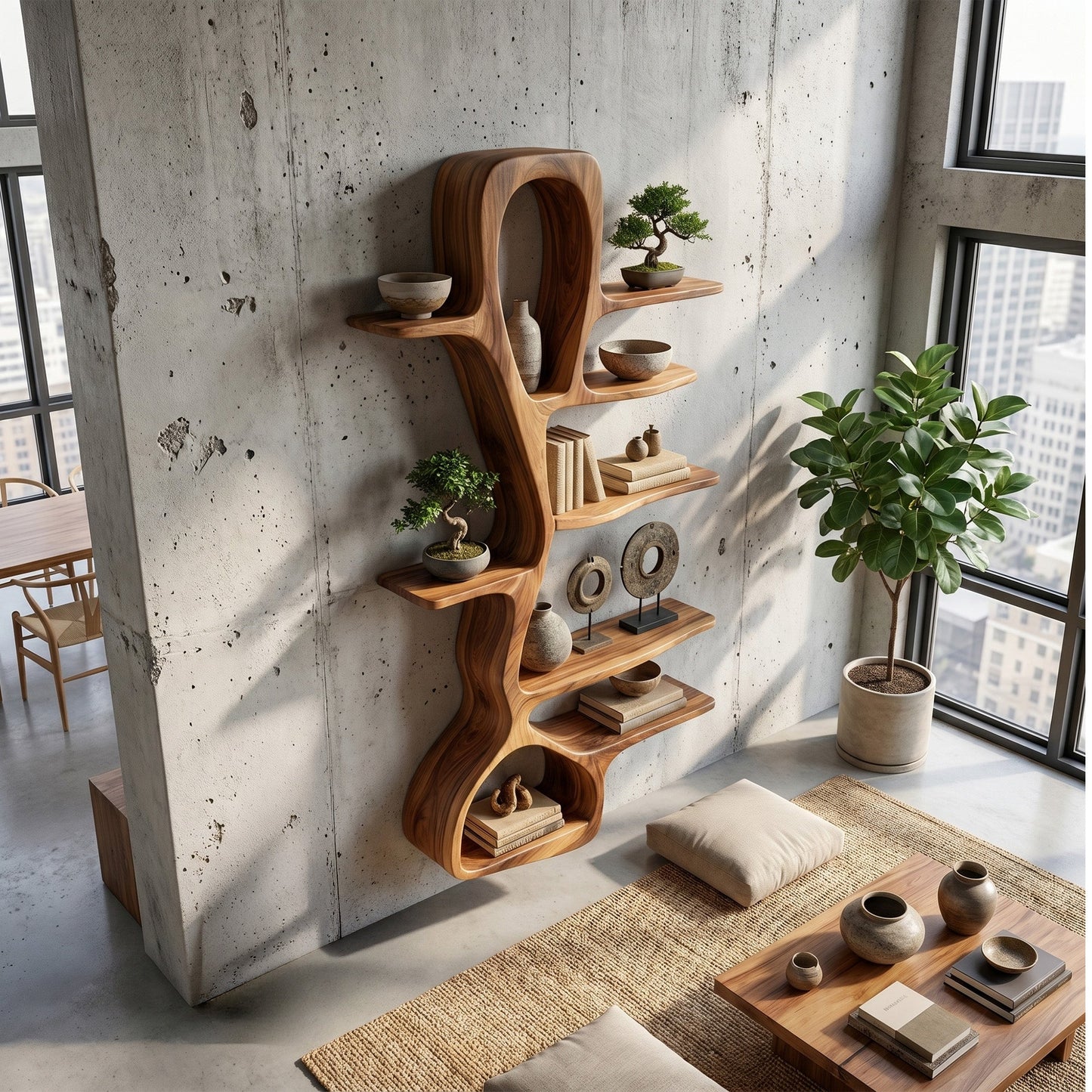 Sculptural Wood Wall Shelf With Vertical Open Display