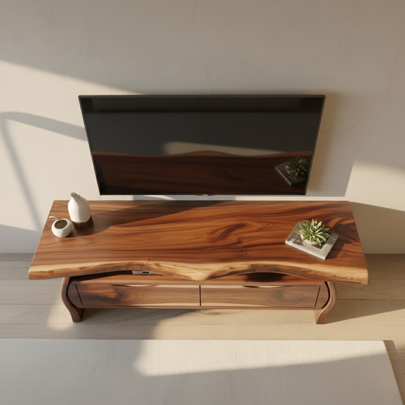 Handcrafted Live-Edge Solid Wood TV Stand with Sculpted Curved Base Kitchnce