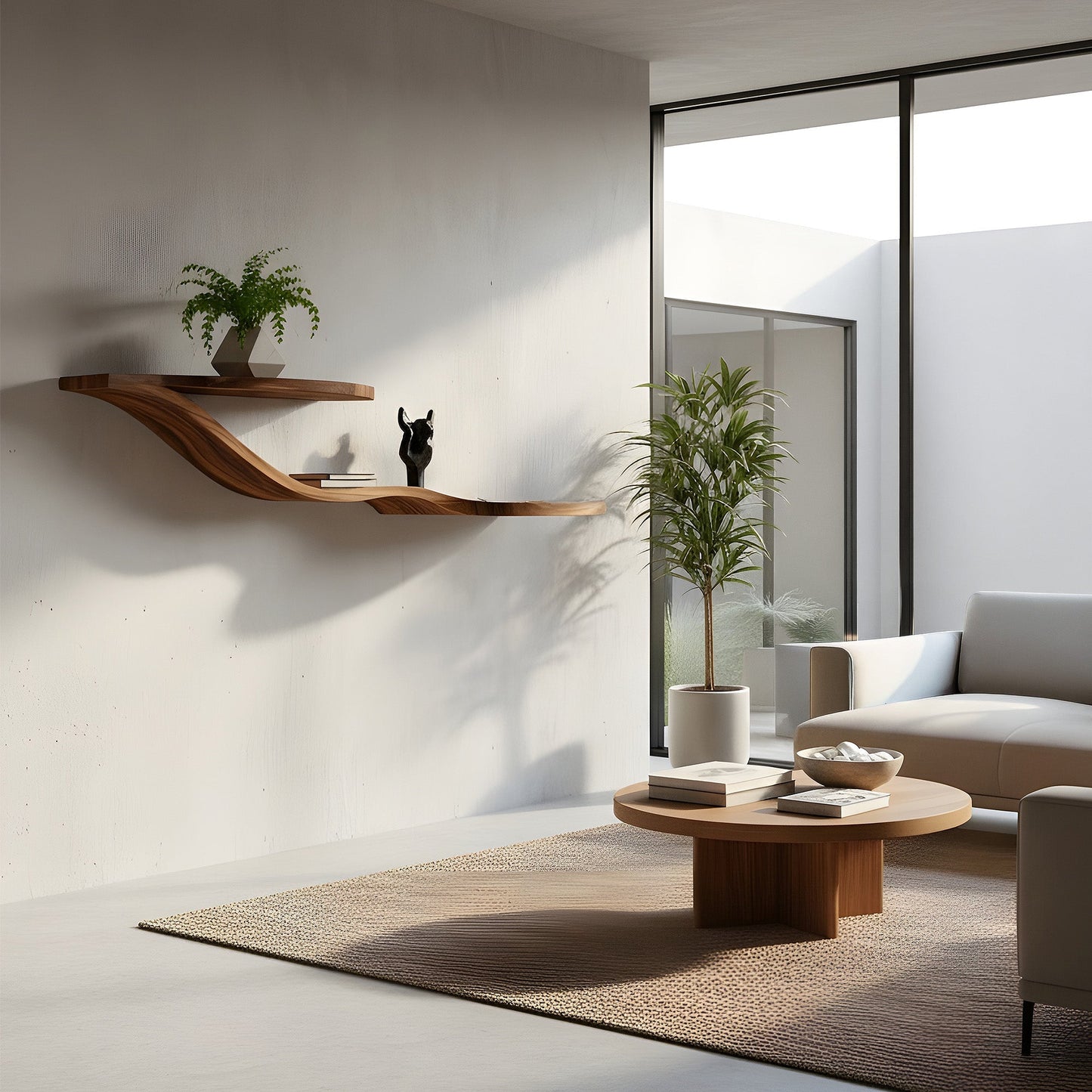 Wave-Inspired Floating Wall Shelf in Natural Wood with Dual Levels