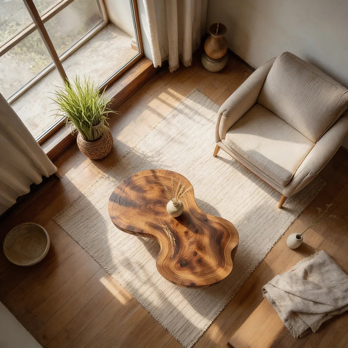 Freeform Natural Wood Coffee Table with Smooth Contoured Edge