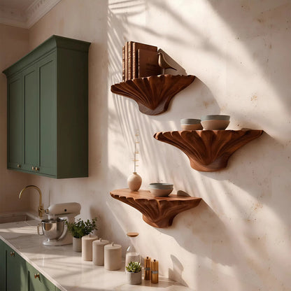 Organic Sculptural Floating Wall Shelf Set in Natural Wood