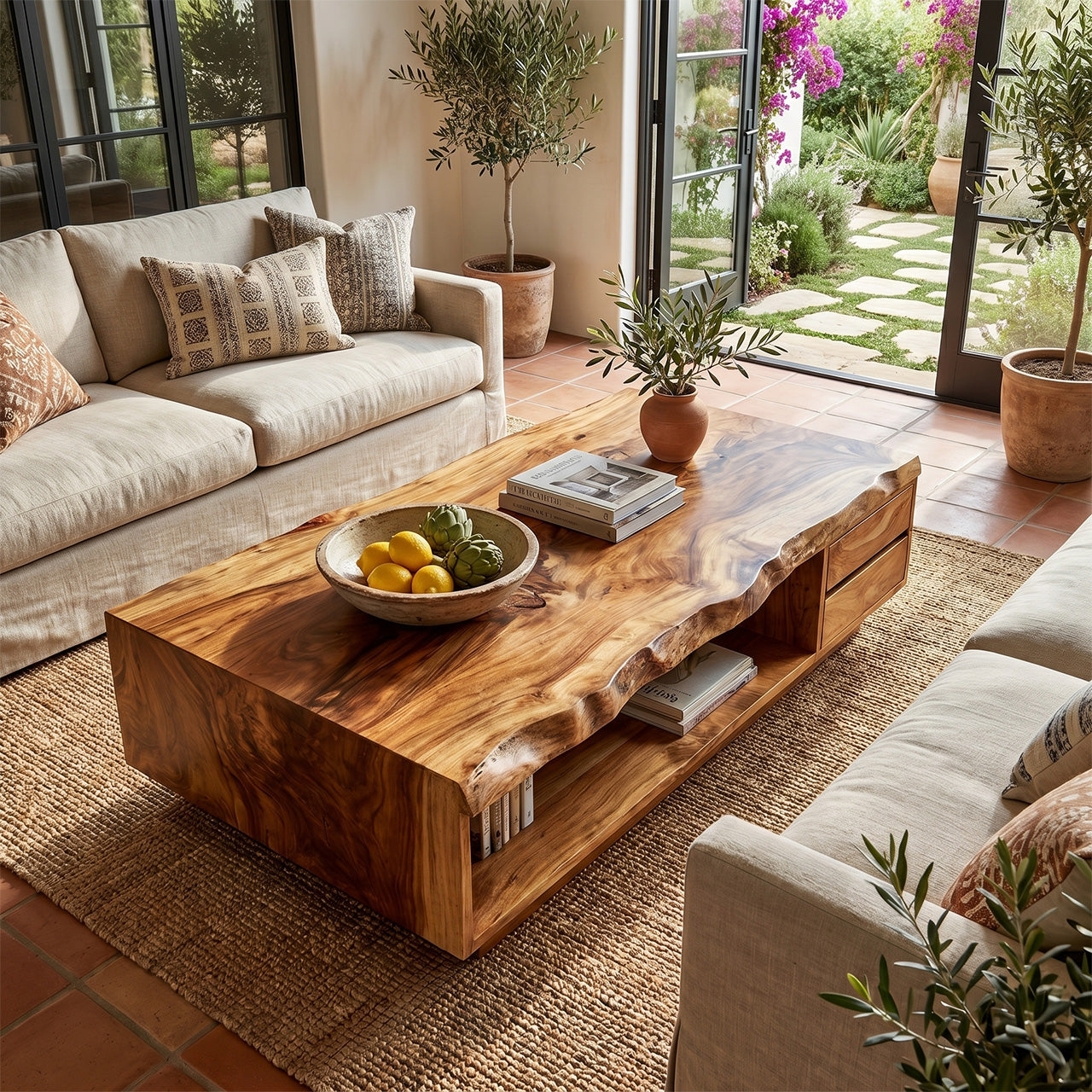 Live Edge Coffee Table With Drawers And Open Storage