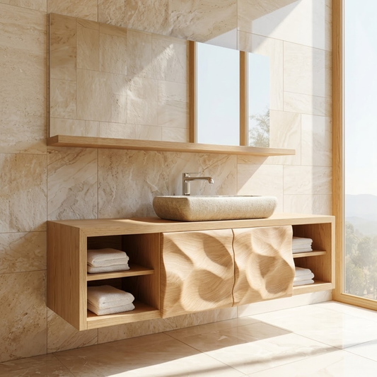 Modern Solid Wood Bathroom Vanity with Floating Storage and Sculpted Cabinet Doors