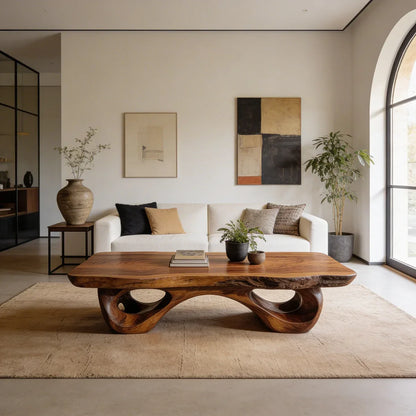 Sculptural Natural Wood Coffee Table with Organic Carved Base