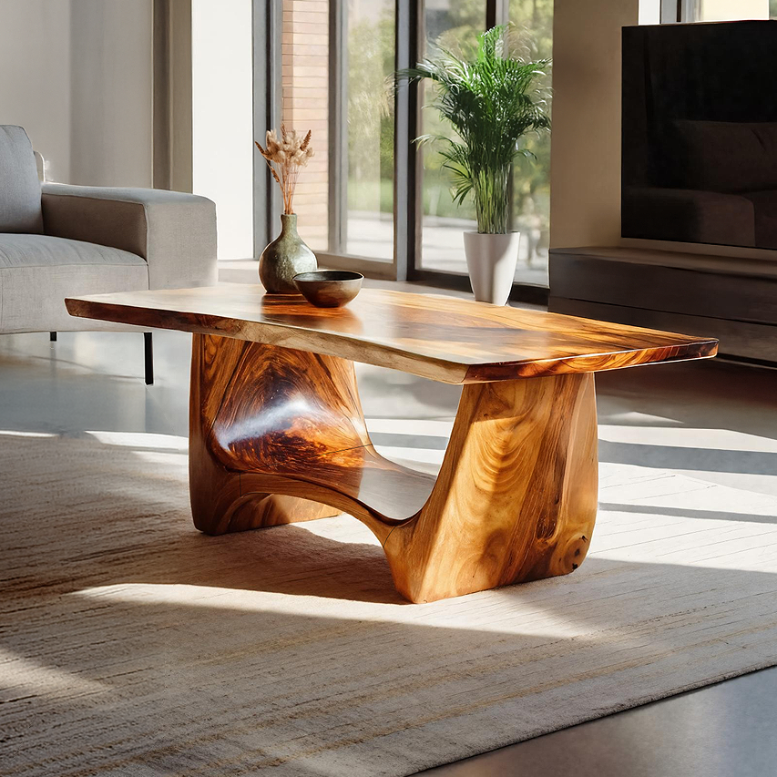 Sculptural Solid Wood Coffee Table with Flow Carved Base