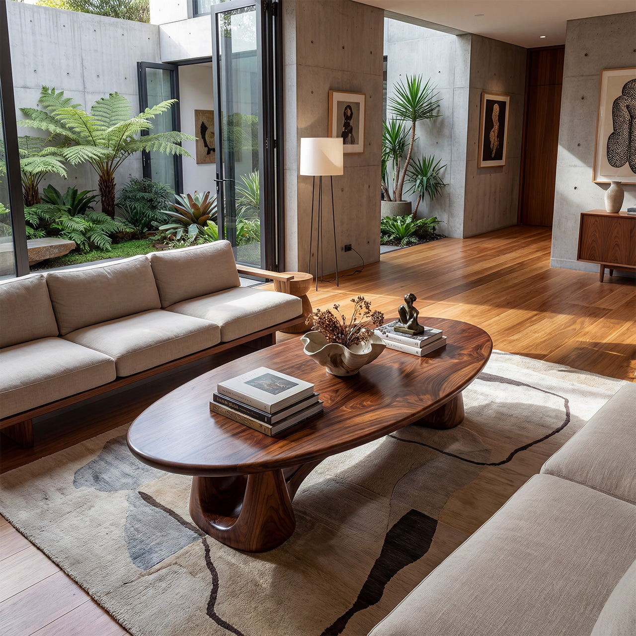 Organic Oval Coffee Table With Sculptural Pedestal Base