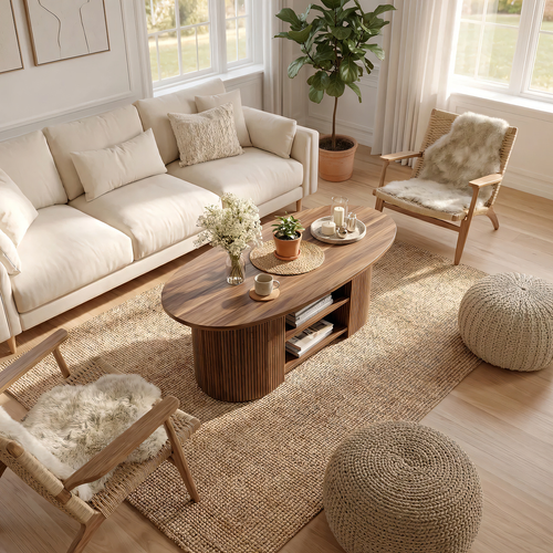 Oval Coffee Table with Fluted Base and Dual Shelf Storage