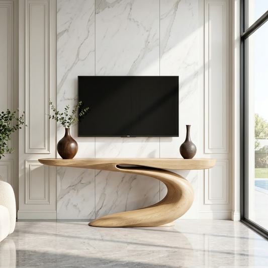 Solid Wood Console Table with Sculpted Curved Base, Modern Artistic Design