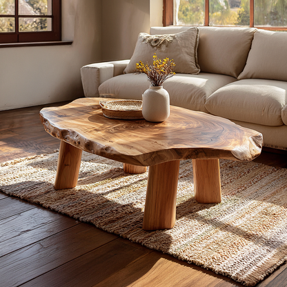 Live Edge Coffee Table with Rounded Slab Top and Solid Legs
