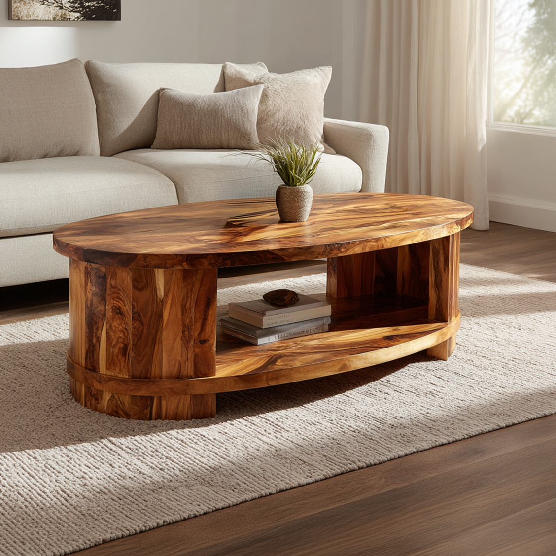 Oval Coffee Table with Curved Frame and Open Storage Shelf