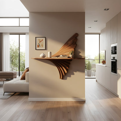 Fan Sculptural Floating Wall Shelf in Natural Wood