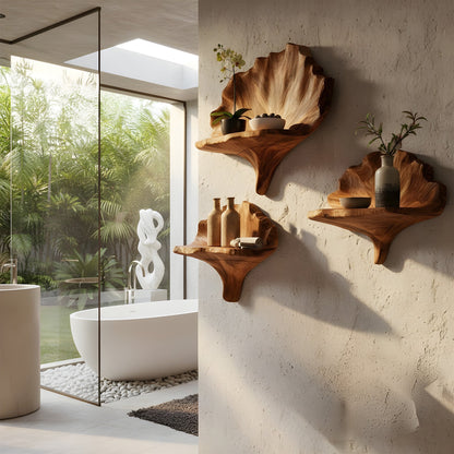 Sculptural Floating Wall Shelf Set in Natural Wood with Layered Organic Form
