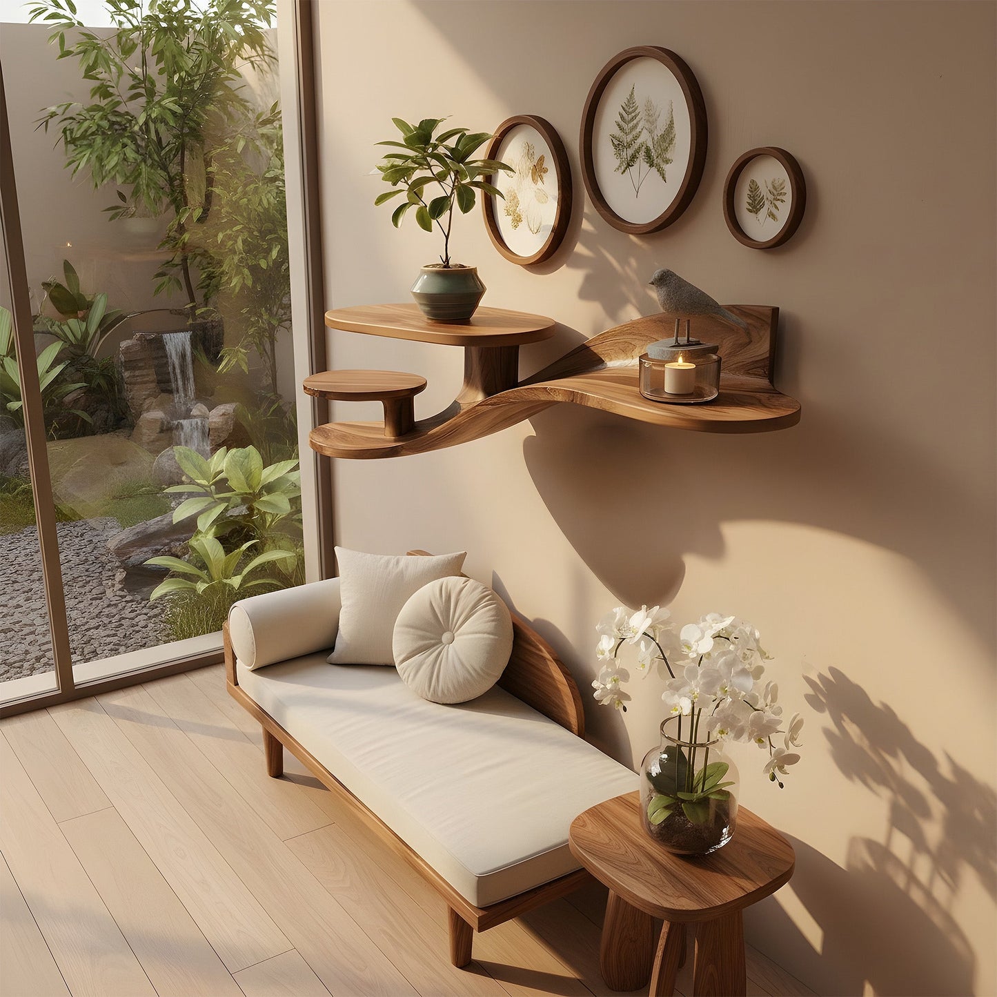 Multi-Tier Organic Floating Wall Shelf in Natural Wood