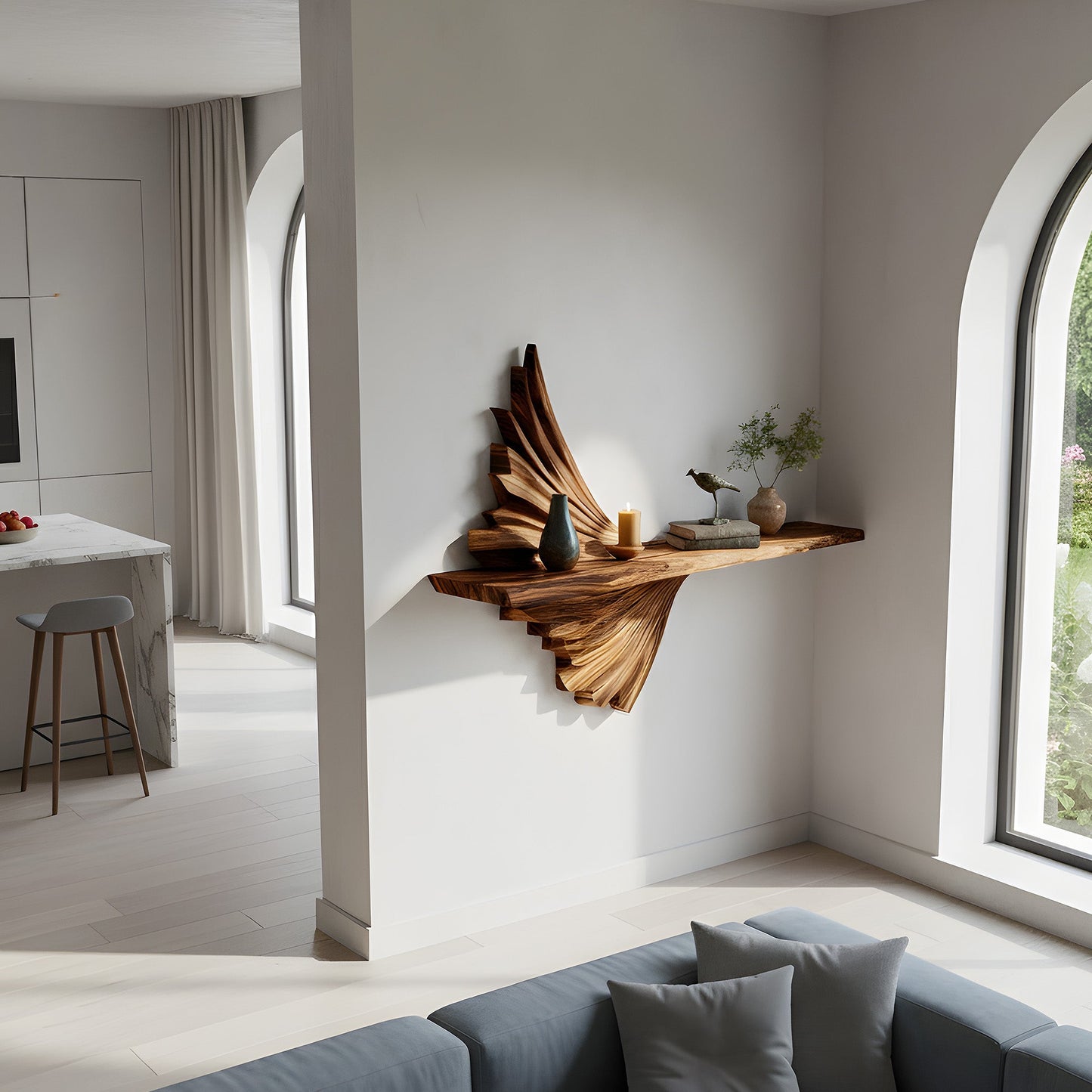 Layered Sculptural Floating Wall Shelf in Natural Wood
