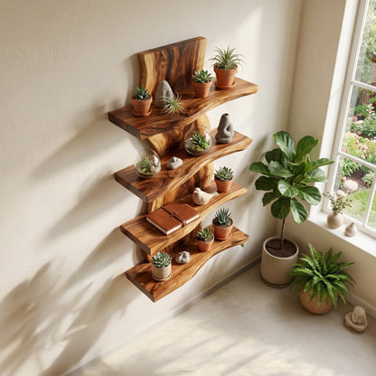 Vertical Wood Wall-Mounted Shelf With Layered Display