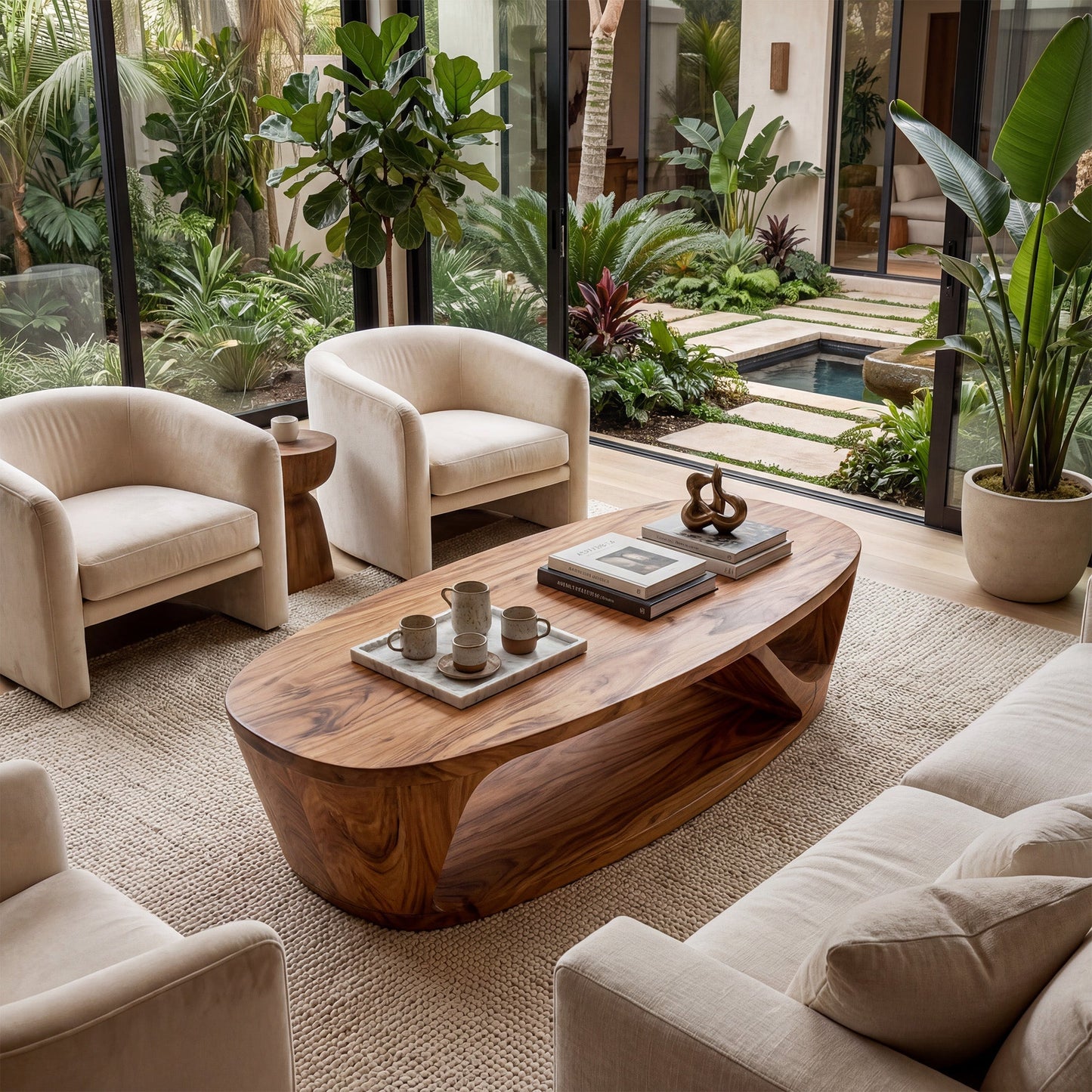 Sculptural Oval Coffee Table With Open Shelf Base