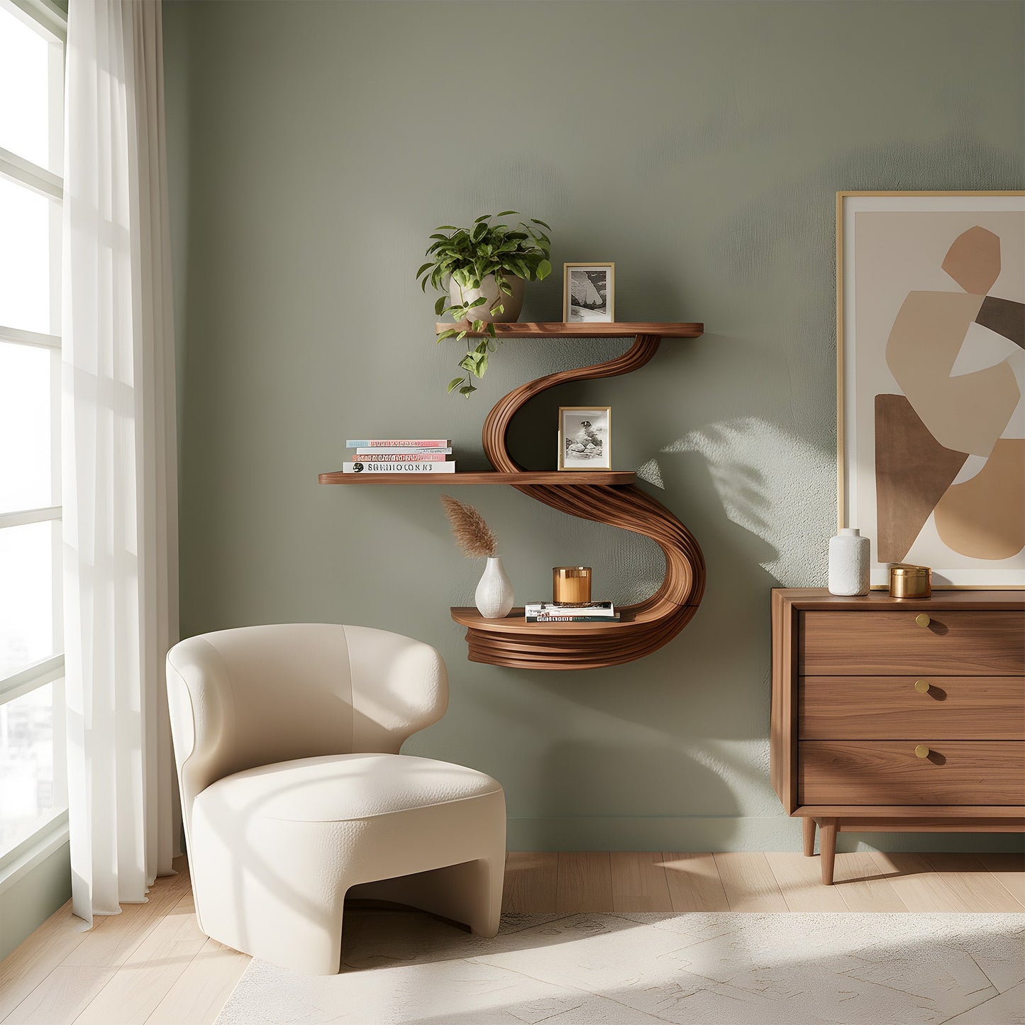Three-Tier S-Shaped Floating Wall Shelf in Natural Wood